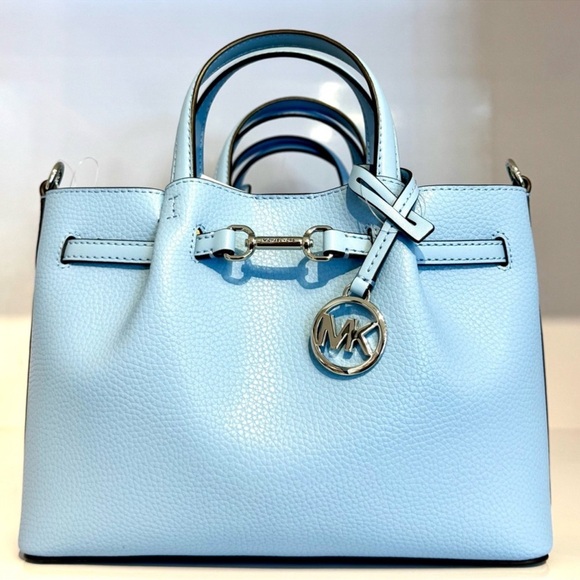 Michael Kors Carson Small Pebbled Leather Satchel Bag Light Sky Blue - Picture 1 of 8